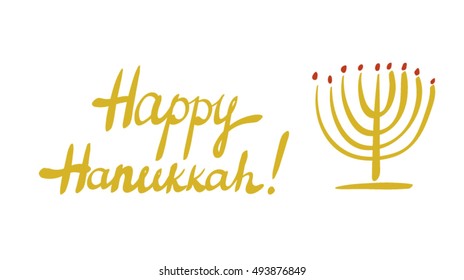 Doodle simple vector illustration candles in menorah and golden handwritten text - Happy Hanukkah