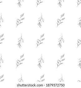 Doodle simple vector seamless pattern of hand-drawn leaves. Seamless pattern of hand-drawn branches. Big floral botanical set. Isolated on white background.