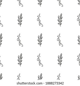 Doodle simple vector seamless pattern of hand-drawn leaves. Seamless pattern of hand-drawn branches. Big floral botanical set. Isolated on white background.