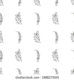 Doodle simple vector seamless pattern of hand-drawn leaves. Seamless pattern of hand-drawn branches. Big floral botanical set. Isolated on white background.