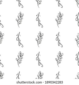 Doodle simple vector seamless pattern of hand-drawn leaves. Seamless pattern of hand-drawn branches. Big floral botanical set. Isolated on white background.
