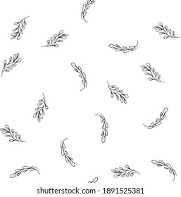 Doodle simple vector seamless pattern of hand-drawn leaves. Seamless pattern of hand-drawn branches. Big floral botanical set. Isolated on white background.