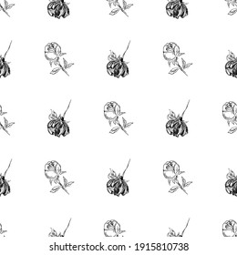 Doodle simple vector seamless pattern of hand-drawn peonies. Seamless random pattern of hand-drawn peonies. Isolated on white background.