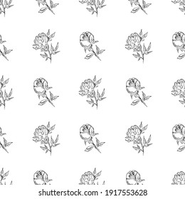 Doodle simple vector seamless pattern of hand-drawn peonies. Seamless random pattern of hand-drawn peonies. Isolated on white background.
