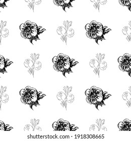 Doodle simple vector seamless pattern of hand-drawn peonies. Seamless random pattern of hand-drawn peonies. Isolated on white background.