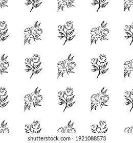 Doodle simple vector seamless pattern of hand-drawn peonies. Seamless random pattern of hand-drawn peonies. Isolated on white background.