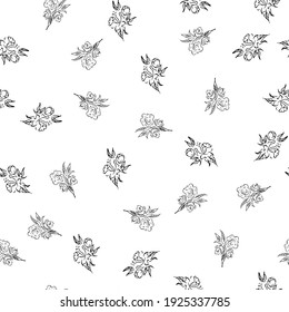 Doodle simple vector seamless pattern of hand-drawn peonies. Seamless random pattern of hand-drawn peonies. Isolated on white background.