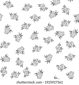 Doodle simple vector seamless pattern of hand-drawn peonies. Seamless random pattern of hand-drawn peonies. Isolated on white background.