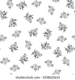 Doodle simple vector seamless pattern of hand-drawn peonies. Seamless random pattern of hand-drawn peonies. Isolated on white background.