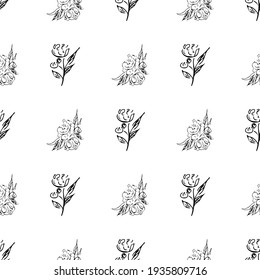 Doodle simple vector seamless pattern of hand-drawn peonies. Seamless random pattern of hand-drawn peonies. Isolated on white background.