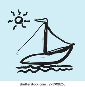 doodle simplified sailboat on waves, vector illustration stylized