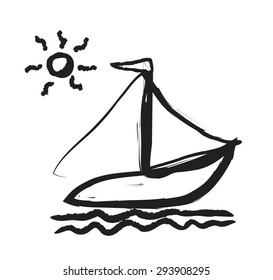 doodle simplified sailboat on waves, vector illustration stylized