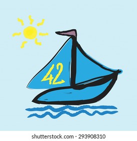 doodle simplified sailboat on waves, vector illustration stylized