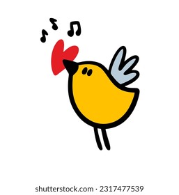 Doodle singing bird holding red heart in beak. Vector hand drawn picture of wild animal pet. Cartoon image isolated on white background.