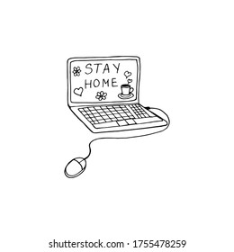 Doodle single element of digital devices laptop.  Cute vector hand drawn doodle about coronavirus, Covid-19, Stay Home