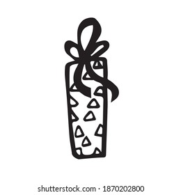 Doodle of single gift box. Vector illustration, hand drawn, design element. Vertical box with triangles, bow, ribbon. Isolated on white background.