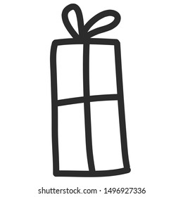 Doodle single hand drawn gift, present, New Year and Xmas box. Illustration for greeting card, posters, stickers, seasonal design, patterns, fabric, icon. Isolated on white background. Vector EPS 10.