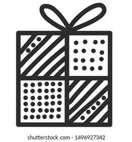 Doodle single hand drawn gift, present, New Year and Xmas box. Illustration for greeting card, posters, stickers, seasonal design, patterns, fabric, icon. Isolated on white background. Vector EPS 10.