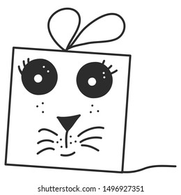 Doodle single hand drawn gift, present, New Year and Xmas box. Illustration for greeting card, posters, stickers, seasonal design, patterns, fabric, icon. Isolated on white background. Vector EPS 10.