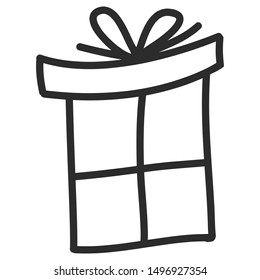 Doodle single hand drawn gift, present, New Year and Xmas box. Illustration for greeting card, posters, stickers, seasonal design, patterns, fabric, icon. Isolated on white background. Vector EPS 10.