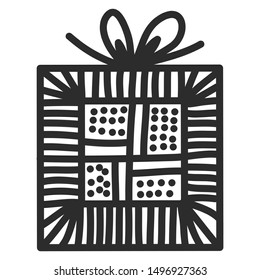 Doodle single hand drawn gift, present, New Year and Xmas box. Illustration for greeting card, posters, stickers, seasonal design, patterns, fabric, icon. Isolated on white background. Vector EPS 10.