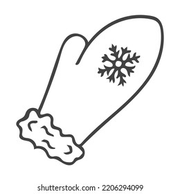 Doodle single mitten with big snowflake. Hand drawn vector illustration of winter warm knitted clothing. Isolated on white background.