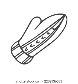 Doodle single mitten with stripes. Hand drawn vector illustration of winter warm knitted clothing. Isolated on white background.