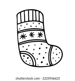 Doodle Single Sock mit Streifen und Schneeflocke. Handgezeichnete Vektorgrafik warmer Strickkleidung. Einzeln auf weißem Hintergrund.