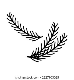 Doodle single twig branch element. Christmas tree, pine, fir, needles. Black, white. Vector illustration. Outline hand drawn sketch on white background. Design element for natural and organic designs.