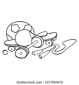 Doodle skate, ball, racket, dumbbell, jump rope, tennis ball on a white background.Vector composition can be used in sports designs,coloring books,and textiles.