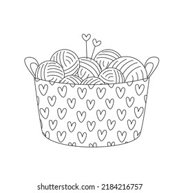 Doodle Skeins of Wool Yarn and Needles in a Knitting Basket. Vector Flat Illustration, Isolated, Cartoon, Clipart. 