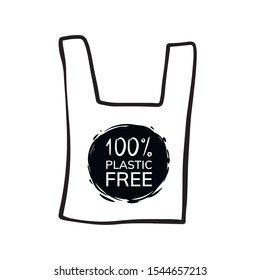  doodle sketch 100% no plastic, illustration. Eco bag icon on a white background