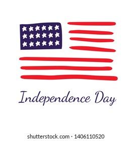 Doodle Sketch American Flag On A White Background, Cartoon Illustration For Independence Day.