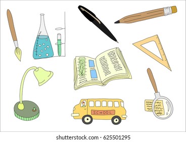 Doodle sketch art school theme isolated background elements. Kistochka, pencil, pen,book, ruler, magnifier, bus, lamp and bulb. Vector illustration