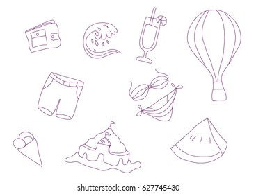 Doodle sketch art summer themed rest isolated elements background. Balloon, wave, cocktail, purse, shorts, bikini, ice cream, water-melon. Vector illustration