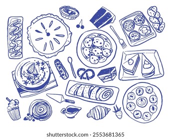 Doodle sketch of Bakery pastry, sweets and cake. Blue rough line silhouette illustration table of pie, red velvet, rolls, pretzels, cookies, birthday cake, fruit tart, tiramisu, eclair, croissant