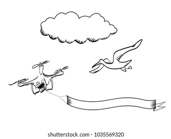 Doodle sketch banner with seagull, drone and cloud. Engraving style, etching style.