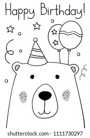 Doodle sketch bear Happy Birthday greeting card. Cartoon Bear with bonnet and two balloons vector Illustration. Hand drawn party postcard. EPS 10