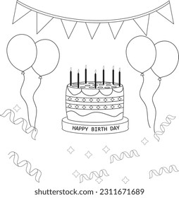 doodle or sketch, black line element, happy birthday cake with candles, birthday flags, gifts, ribbons, balloons to celebrate anniversary