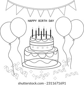 doodle or sketch, black line element, happy birthday cake with candles, birthday flags, gifts, ribbons, balloons to celebrate anniversary