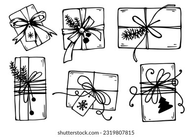 Doodle sketch of boxes in Christmas holiday packaging.Vector graphics.	