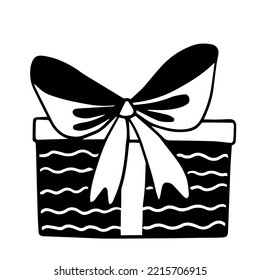 Doodle sketch of boxes in festive wrapping paper with a bow.Vector graphics.
