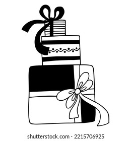 Doodle sketch of boxes in festive wrapping paper with a bow.Vector graphics.
