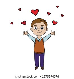  Doodle sketch boy raised her hands up. A simple, flat illustration of a child and hearts. 