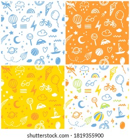 Doodle sketch boy seamless patterns set. Cute colorful childish hand-drawn illustrations in a simple style. ideal for modern prints, baby textiles, fabrics, wallpapers, packaging