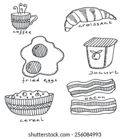 Doodle sketch with breakfast food: coffee, cereal, yogurt, fried eggs and bacon. Vector illustration.