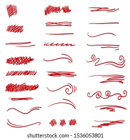 doodle Sketch brush strokes, underline, emphasis, lines, waves set Design elements isolated on white background 