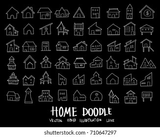 Doodle sketch building home icons Illustration on chalkboard