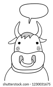 Doodle sketch Bull with ring on nose  with chat cloud illustration. Cartoon vector Ox, cow with talking bubble. Domestic mammal animal. Postcard, poster design. Hand drawing. Good for print design. 