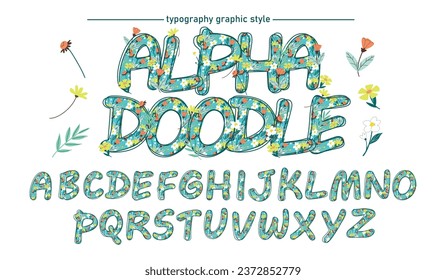 Doodle sketch cartoon style alphabet design set, small flowers and blue color, Cartoon english capital letters picture, This design for posters, postcards, clothing and many others.